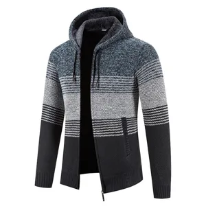Cardigan in maglia con cappuccio foderato in pile da uomo, motivo colorblock e zip.