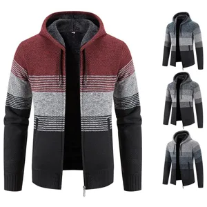 Cardigan in Maglia Foderato in Pile Invernale da Uomo Giacca Blocco di Colore con Cappuccio Zip Intera Maglione Casual