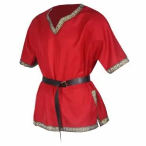 Close-up detail of medieval renaissance red short sleeve V-neck costume tunic with belt.