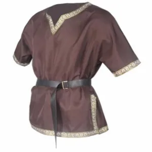 Medieval tunic costume detail, featuring V-neck, short sleeves, and elegant gold decorative trim.