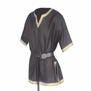 Black medieval V-neck tunic detail with gold trim and black belt for costume and cosplay.