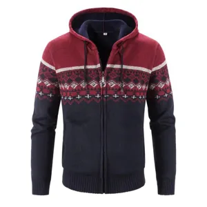 Cardigan in maglia con cappuccio foderato in pile da uomo con motivo geometrico inverno.