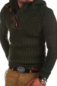 Heren donkergroene gebreide capuchontrui met hoornknopen, lang mouw stylish pullover.