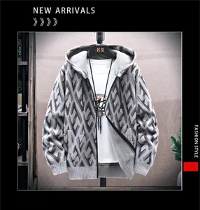 Men's winter fleece lined knitted cardigan hoodie jacket with geometric pattern and zipper.