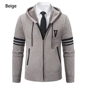 Detailed view of men's knitted zip hoodie with hood, pockets, and textured stripe sleeves.