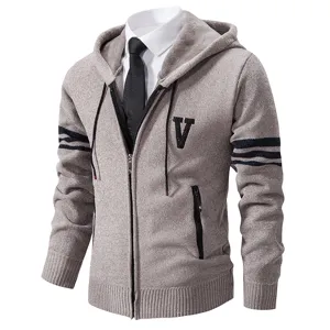 Men's Winter Fleece Lined Knit Hoodie Cardigan Jacket Warm Polyester Striped Sleeve Letter V Hooded Sweater Top For Urban Casual Wear