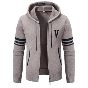 Men's autumn winter thick knitted zip hoodie jacket casual cardigan grey sweater coat