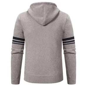 Men's casual knitted hooded cardigan with stylish sleeve stripes, perfect for autumn and winter.