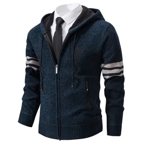Detailed view of men's knitted hooded cardigan sweater in dark blue with stylish sleeve stripes.