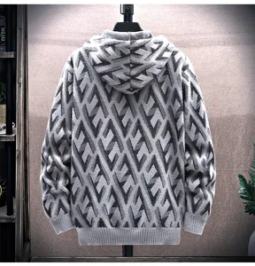 Men's winter thick fleece-lined knitted hoodie cardigan with geometric pattern outerwear.