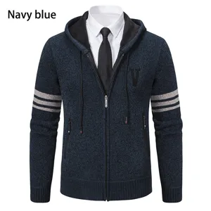 Men's winter knitted cardigan hooded sweater jacket casual thick outerwear navy blue