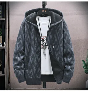 Detailed view of the men's fleece-lined knitted hooded cardigan showing texture and cozy interior.