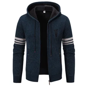 Men autumn winter knit hoodie cardigan zip up sweater casual slim fit streetwear coat