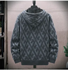 Men winter fleece thickened knitted cardigan hoodie jacket with warm geometric pattern design.