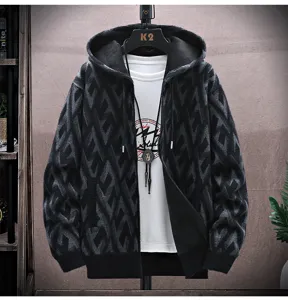 Men's winter fleece thick knitted hoodie jacket with geometric pattern, warm zipper cardigan.
