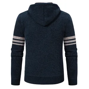 Men's knitted hooded cardigan back view, showing thick winter sweater with sleeve stripes.