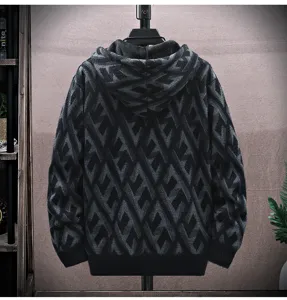 Men's thick fleece knit cardigan hoodie jacket, winter warm geometric sweater coat detail view.