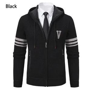 Men black knit hooded cardigan jacket, zipper closure, sleeve stripes, chest letter V detail.