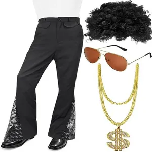 Costume disco anni 70 da uomo con pantaloni a zampa di paillettes, parrucca e accessori.