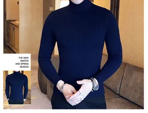 Men's stylish dark blue turtleneck cable knit sweater, comfortable slim fit for winter.