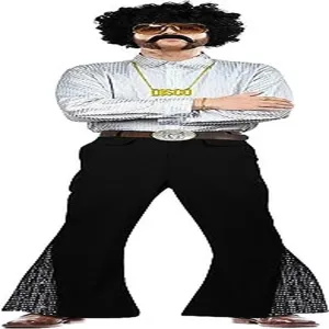 Set costume disco retro anni 70 da uomo con camicia a righe e pantaloni a zampa