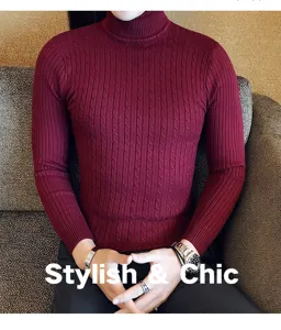 Men winter cable knit turtleneck sweater slim fit solid color thermal base layer top shirt