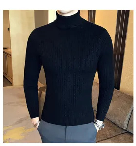 Close-up detail of mens black turtleneck cable knit sweater showing cozy ribbed texture.
