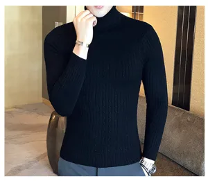 Men's black cable knit turtleneck sweater close-up detail showcasing fine texture and slim fit.