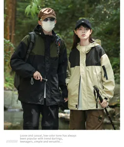 Detailed view of the stylish color-blocked outdoor windbreaker jacket, perfect for hiking.
