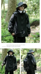 Men outdoor waterproof windbreaker jacket, vintage patchwork hooded softshell coat for hiking.