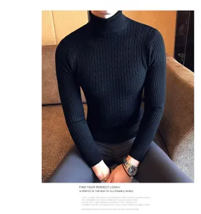 Men's black cable knit turtleneck sweater, slim fit thermal winter pullover base layer.