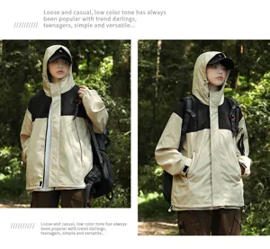 Casual outdoor windbreaker jacket for men and women, color block waterproof hooded coat.
