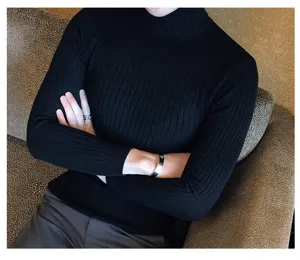Detail view of men's black high-neck cable knit sweater, stylish slim fit autumn winter.