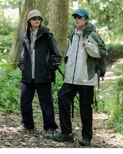 Couple softshell windbreaker jacket for outdoor hiking, windproof and waterproof design.