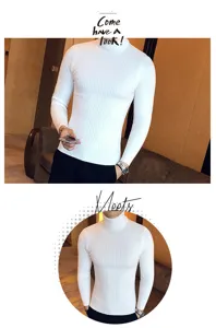 Men's white turtleneck cable knit sweater slim fit autumn winter thermal base shirt