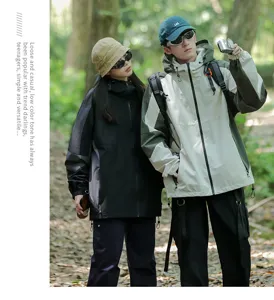 Men women couple windbreaker outdoor jacket retro patchwork waterproof hooded coat spring