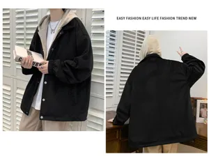 Detailed view of the men's fake two-piece hooded jacket, showcasing stylish streetwear fit.