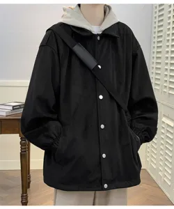 Men's spring fall fake two-piece hooded jacket casual loose workwear jacket detail view.