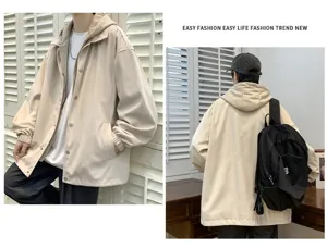 Men's casual hooded fake two-piece jacket detail view showcasing trendy workwear style.
