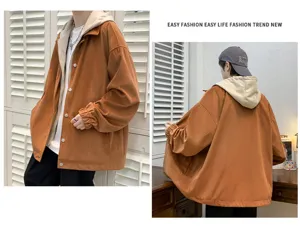 Men's fake two-piece hooded jacket spring autumn casual loose streetwear workwear coat