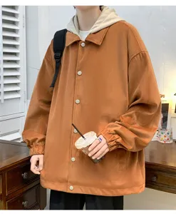 Mens fall spring fake two piece hooded jacket casual streetwear loose cargo coat.
