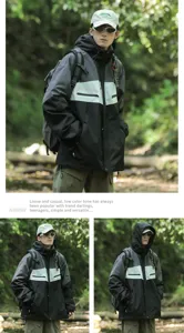 Giacca outdoor con cappuccio impermeabile antivento colorblock uomo streetwear casual.