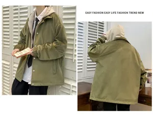 Detail view of men spring casual hooded jacket showing workwear fabric and layered design.