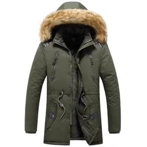 Men's Winter Cotton Padded Jacket Thickened Fleece Lined Hooded Coat With Faux Fur Collar Casual Warm Outerwear