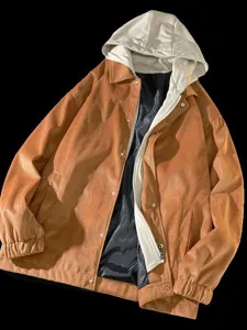 Men's Fall Spring Fake Two-Piece Hooded Jacket Casual Loose Vintage Workwear Outwear