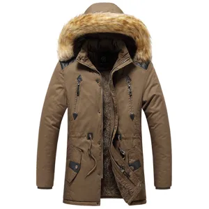 Men's winter thermal hooded parka jacket with faux fur collar and plush fleece lining.