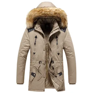 Men's winter khaki hooded parka jacket with plush faux fur collar and warm fleece lining