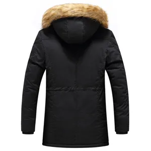 Men winter hooded thick warm cotton jacket with faux fur collar casual black long outwear