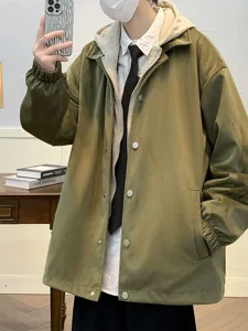 Men spring autumn fake two piece hooded jacket casual loose workwear outerwear chic style.