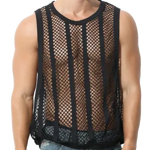 Débardeur résille noir pour homme, gilet sans manches transparent, sexy vêtement club.